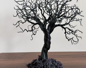 Black Wire Tree Sculpture, Moss Base, Desk Ornament