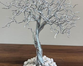 Silver Wire Tree of Life Sculpture, Handmade Winter Bonsai Tree, White Stone Home Decor.