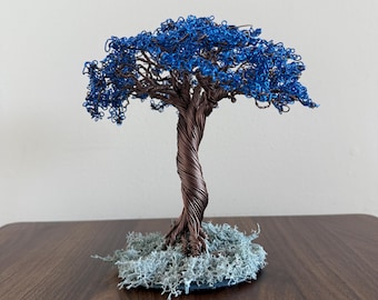 Wire Tree of Life Sculpture, Blue Leaves, Aluminum Art