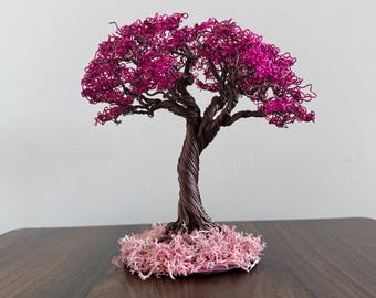 Wire Tree of Life Sculpture, Pink Leaves, Aluminum Art