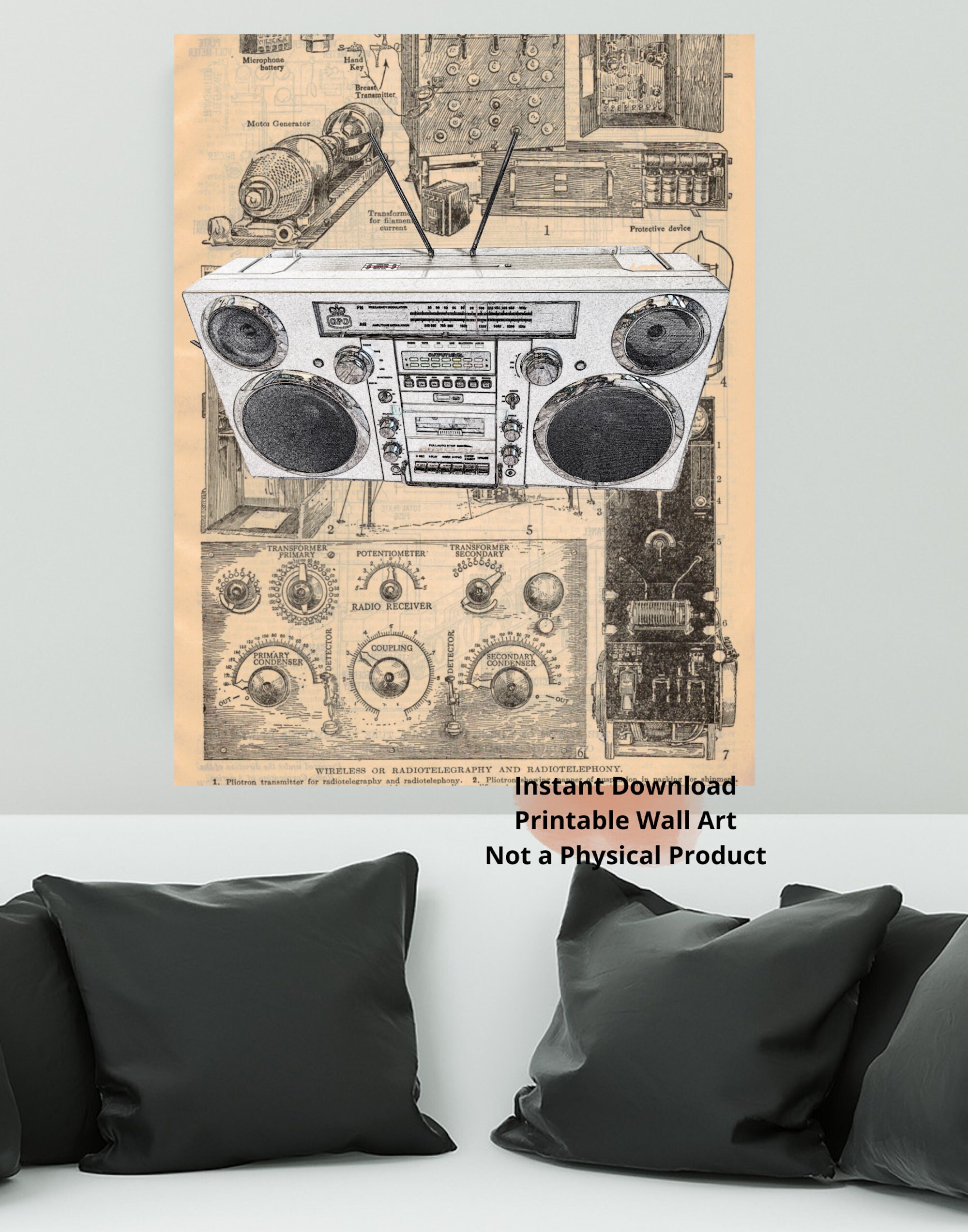 Vintage Boombox on Dictionary Print, Printable Wall Art, Instant