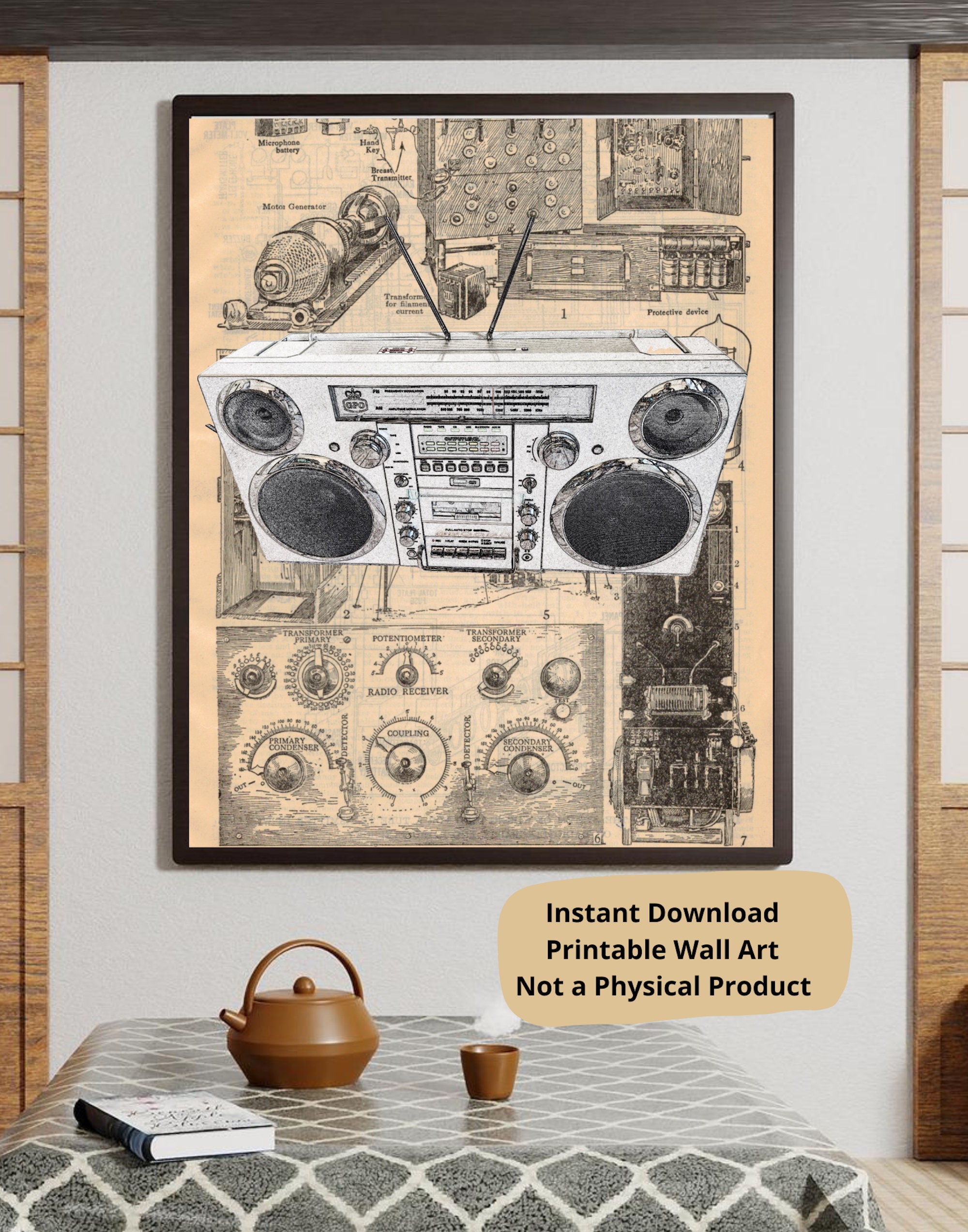 Vintage Boombox on Dictionary Print, Printable Wall Art, Instant Download, Boombox Decor