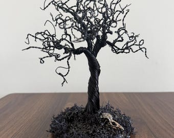 Escultura de árbol de alambre negro, cráneo de pájaro, decoración gótica de Halloween