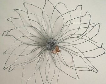 Handmade Silver Wire Flower Wall Art with Butterfly
