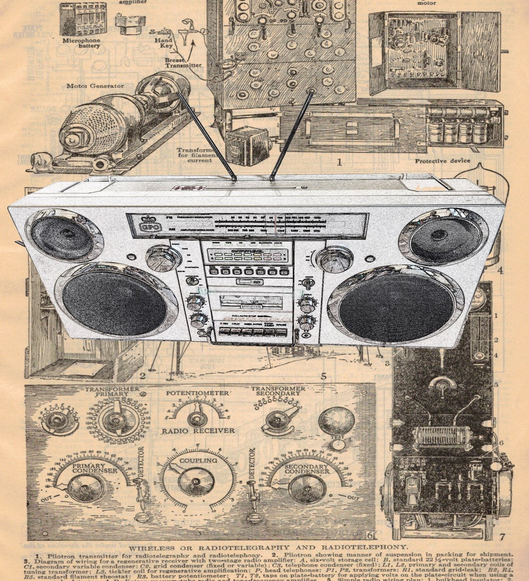 Vintage Boombox on Dictionary Print, Printable Wall Art, Instant
