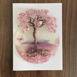 Carte de voeux Arbre de vie, quartz rose, papillon, bonsaï, sympathie, rétablissement, anniversaire ou tout jour où vous devez dire je t'aime