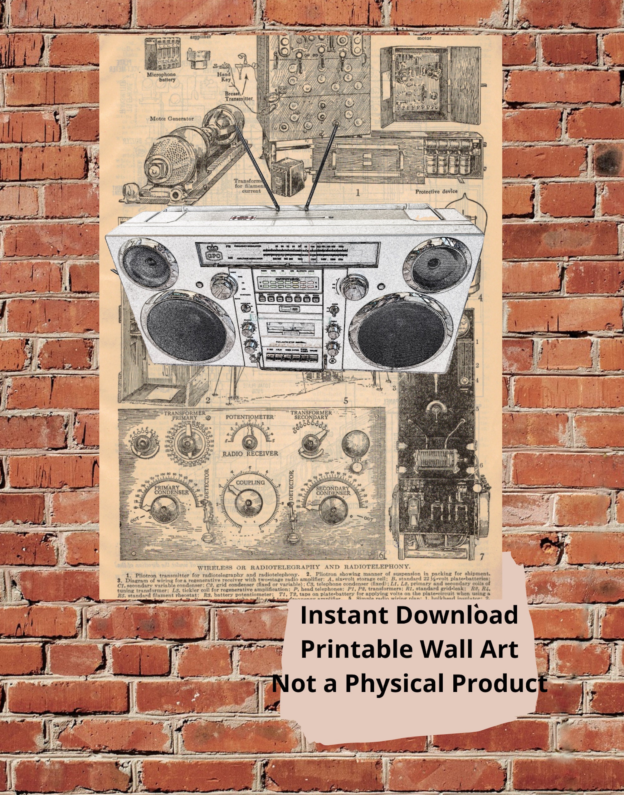Vintage Boombox on Dictionary Print, Printable Wall Art, Instant