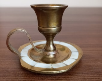 Vintage Brass Chamber Candlestick with Mother of Pearl Inlay
