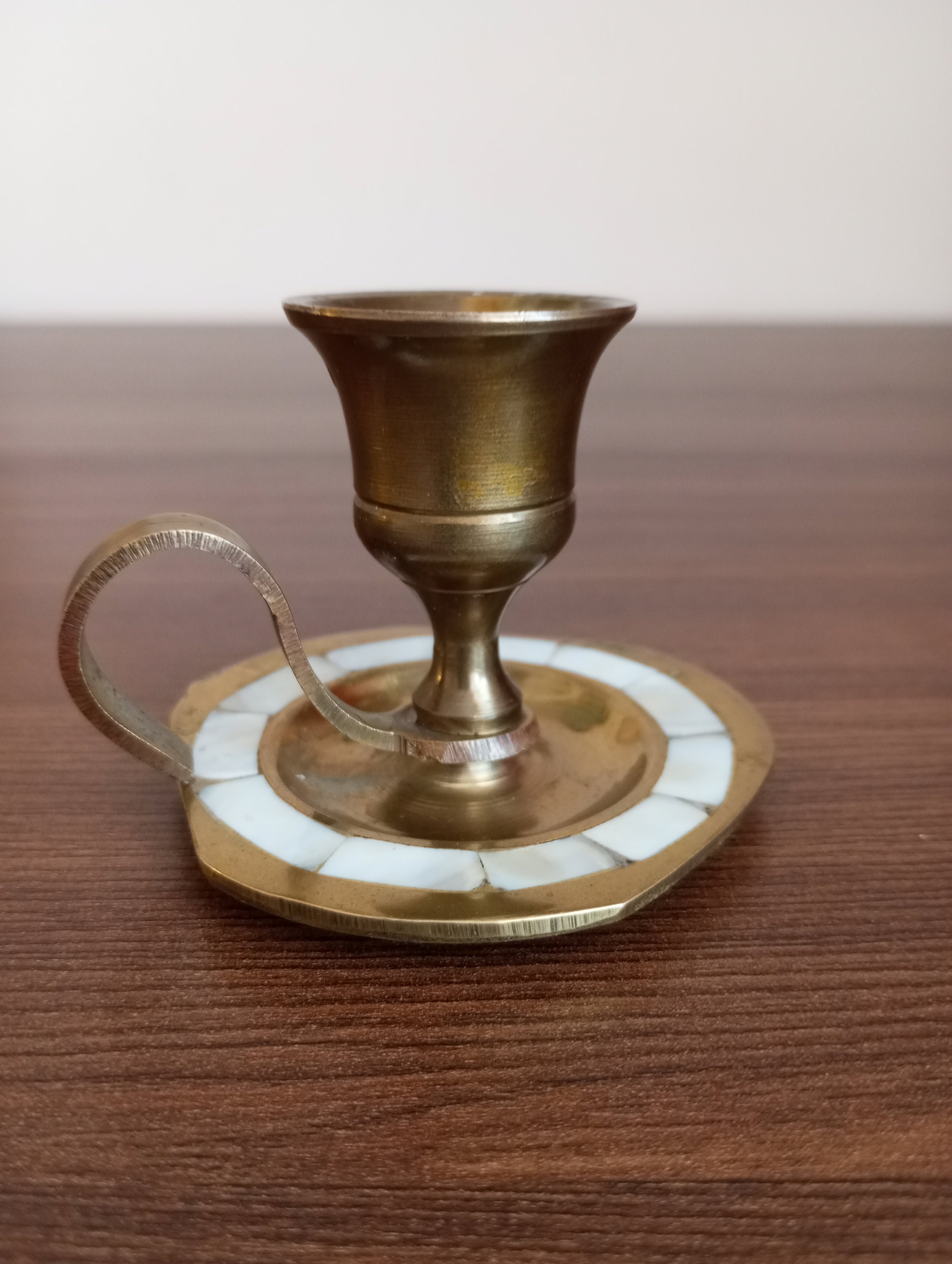 Charming Vintage Brass Chamber Stick Candle Holder With Finger Loop 