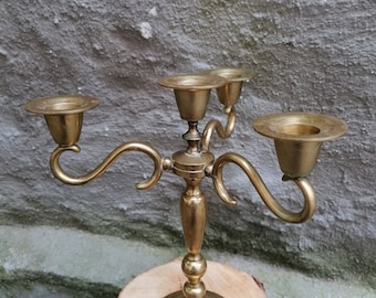 Vintage brass candlesticks holder for 4 taper candles. Three arms solid brass candle holder. Table Centerpiece.