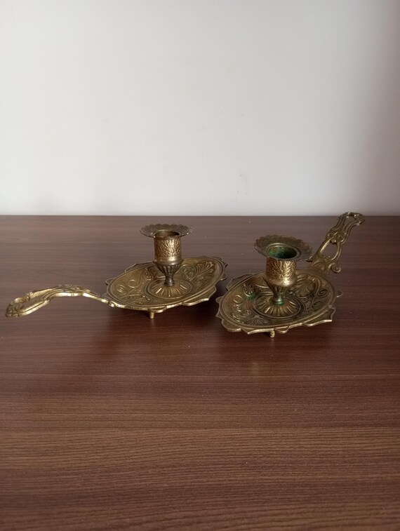 Vintage Brass Chamberstick Candle Holders – Ornate Pair of Brass Candlesticks with Handle – Antique Home Decor, Victorian Style