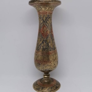 Vintage brass hand engraved vase. Painted Brass Vase With Engraved Ornate.Textured Metal Vase 7.5&quot;