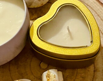 Handmade 100% Natural Soy Vegan Candle in Gold Heart Tin Container for Valentine's Day, Anniversary, Favors, Party, Gift, Aromatherapy