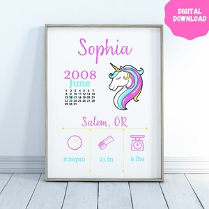 Printable Birth Stats Wall Art Unicorn Digital Birth Announcement Poster Nursery Décor Baby Girl Personalized Custom Print Pink Nursery Art