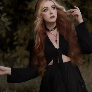 Gothic Wrap Tie Top Witchy Hooded Blouse Dark Fantasy Pixie Shirt Black Fairy Top Vampire Witch Outfit Alternative Gothic Clothing