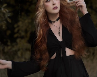 Gothic Wrap Tie Top Witchy Hooded Blouse Dark Fantasy Pixie Shirt Black Fairy Top Vampire Witch Outfit Alternative Gothic Clothing
