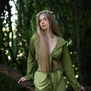 Wikkeltop met lange mouwen, capuchon, pixieblouse, elfenhoodie, wikkeltop met strik, fantasiecosplay, elfenkleding, hippie-wikkeltop, ALAIS