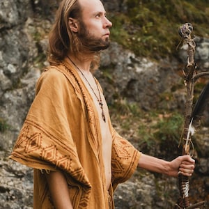 Desert Mage Cape Long Tribal Poncho Unisex Cloak Psychedelic Shaman Fantasy Cosplay Poncho Summer Ritual Ceremonies Shamanic Blockprint