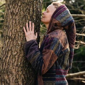 Skogshippie Unisex Hoodie Patchwork Jacka Dreadlock Pixie Hood Varm Tröja Psytrance Festival Hoodie Point Hood Tröja Goa Jacka