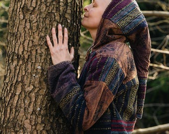 Forest Hippie Unisex Hoodie Patchwork Jacket Dreadlock Pixie Hood Warm Sweater Psytrance Festival Hoodie Point Hood Jumper Goa Jacket