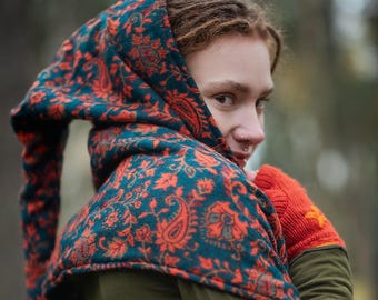 Waldelfen-Kapuzenschal, langer Winter-Hippie-Schal mit Taschen, Psytrance-Festival-Hoodie-Schal, veganer Woll-Kapuzenschal