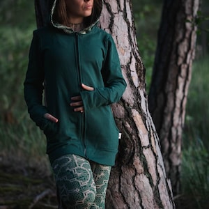 Emerald Foret Elf Zip Hoodie with Long Pixie Hood – Shipibo Icaro Pattern Boho Jacket – Cotton Warm Hoodie – Ayahuasca Fairy Tribal Clothing
