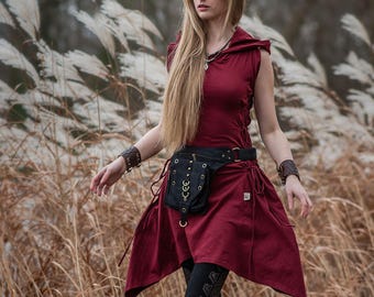 Elven Tunic Pixie Dress Shortsleeve Hodded Fairy Adjustable Lacing Forest Dress Assymetrical Psychedelic Festival Fantasy Costume NAEXI