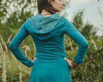 Forest Pixie Flower Of Life Dress Fairy Longsleeve Hoodie Green Turquoise Elf Dress Forest Spirit Costume Goth Psychedelic Festival VAERI