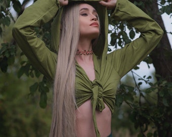 Forest Fairy Wrap Top Longsleeve Hooded Pixie Blouse Elven Hoody Wrap Tie Crop Top Fantasy Cosplay Elven Clothing Hippie Wrap Up Top ALAIS