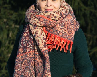 Paisley Indischer Schal Großer Ethno Yoga Poncho Boho Tuch 200x100 cm Acryl Wolle Decke Hippie Festival Schal mit Blumenmuster