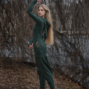Pixie Tracksuit with Shipibo Ayauasca Icaros Patterns Elven Hoodie and Baggy Pants Set Long Hood Hippie Psychedelic Festival Fairy Cosplay