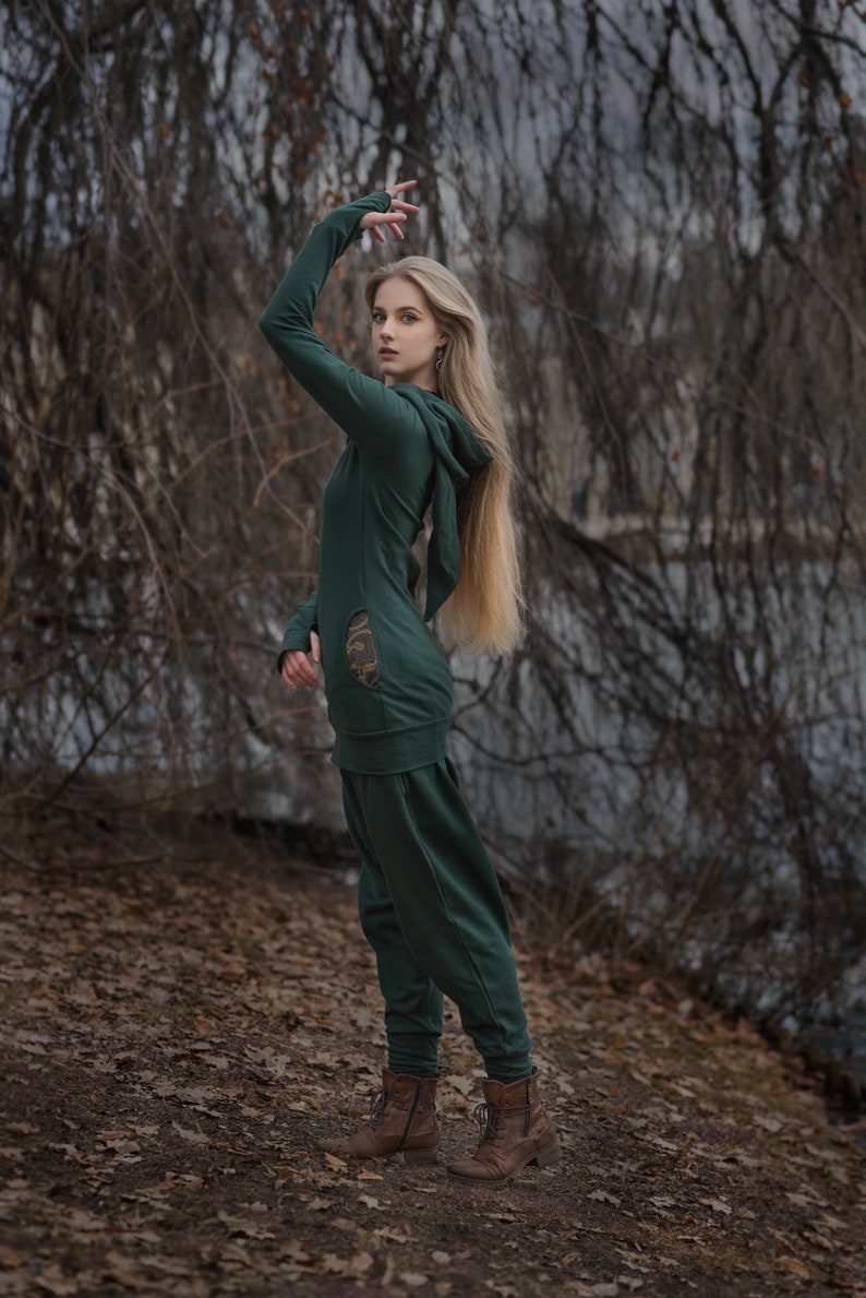 Pixie Tracksuit with Shipibo Ayauasca Icaros Patterns Elven Hoodie and Baggy Pants Set Long Hood Hippie Psychedelic Festival Fairy Cosplay