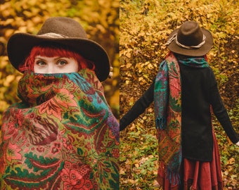 Bunter Regenbogenschal mit Boho-Design, extralanger Schal, Tribal-inspiriert, Komfortkleidung, Wald, Psytrance, Festival, Winter, Hippie, Unisex