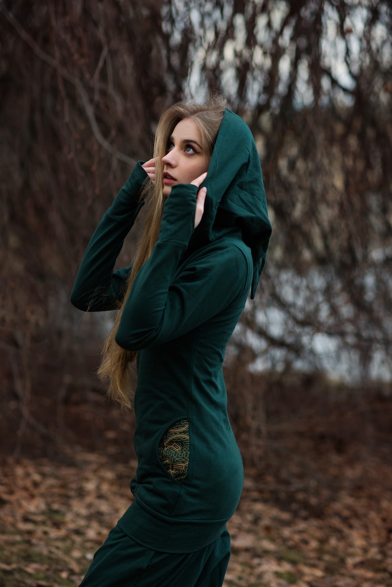 Pixie Tracksuit with Shipibo Ayauasca Icaros Patterns Elven Hoodie and Baggy Pants Set Long Hood Hippie Psychedelic Festival Fairy Cosplay