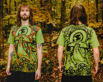 Motif de champignon psychédélique T-shirt mystique Vibes Hippie Festival Style Chemise Nature's Magic Cotton Festival Wear Double Side Print