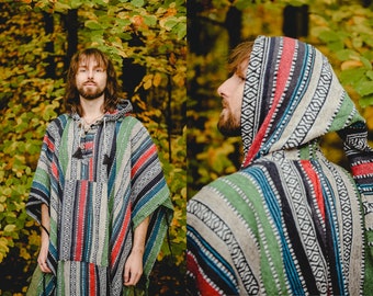 Poncho in cotone spesso con cappuccio lungo con tasca Poncho stile messicano Caldo Hippie Festival Poncho con cappuccio a punta Poncho invernale da uomo unisex