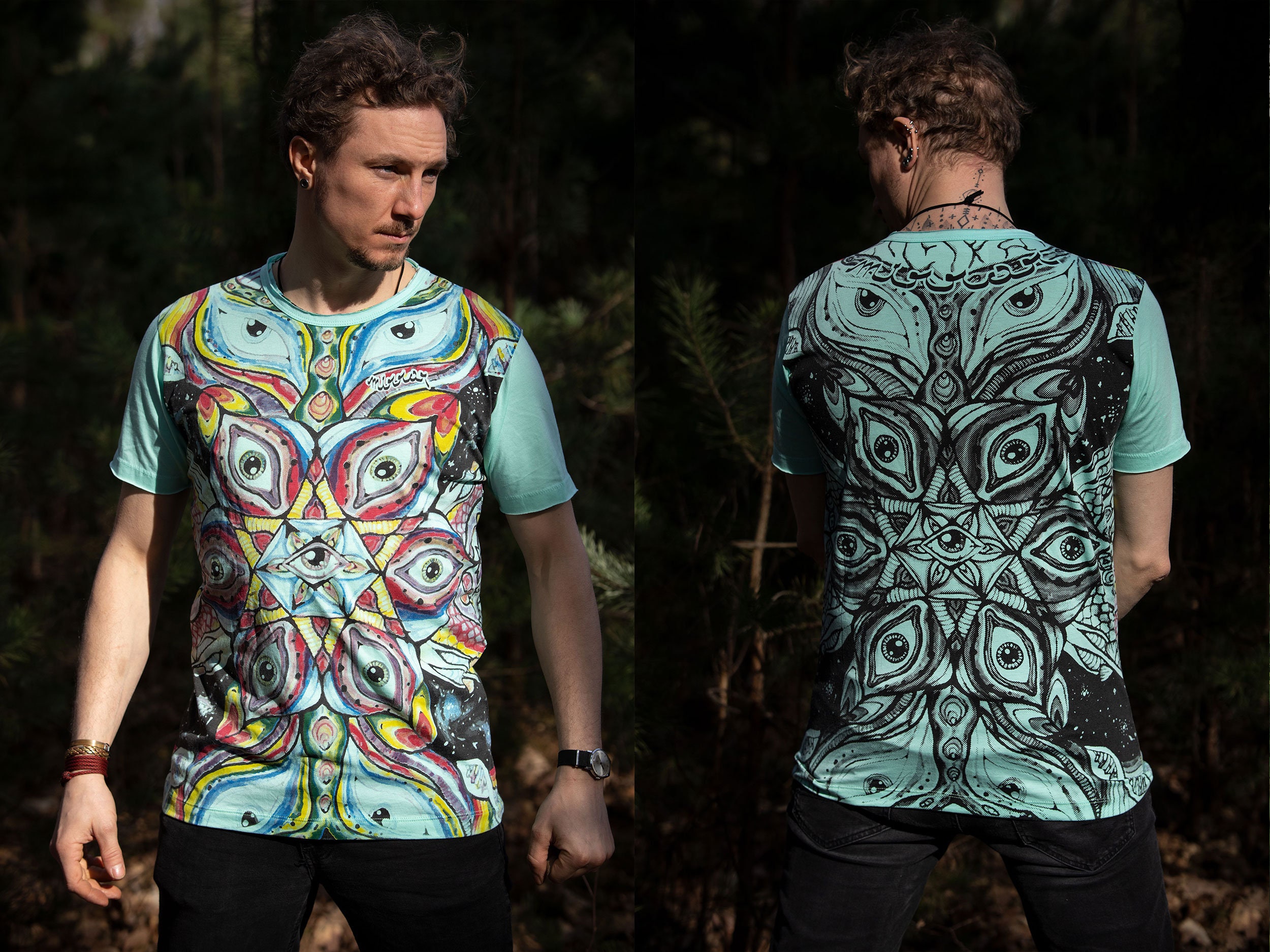Psychedelic T-shirt Mandala Third Eye Hippie T-shirt Double Side Screen Print 100% Cotton Sure Mirror Weed T-shirt
