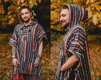 Langer Kapuzen-Poncho aus dicker Baumwolle mit Tasche, Poncho im mexikanischen Stil, warmer Hippie-Festival-Poncho mit spitzer Kapuze, Herren-Winter-Poncho, Unisex