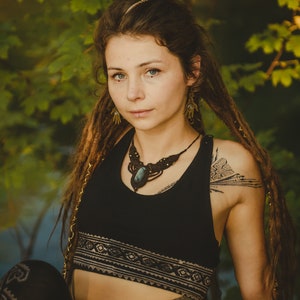 Psychedelic Yoga Top Festival Meditation Elf Unique Yoga Top with Flower of Life Green Black Brown Geometric Fairy Top Cotton Tribal Print