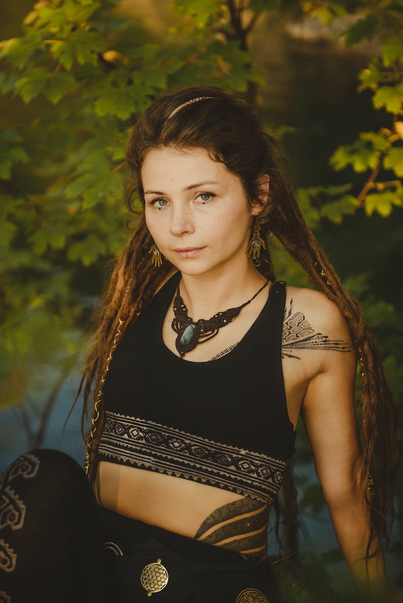 Psychedelic Yoga Top Festival Meditation Elf Unique Yoga Top with Flower of Life Green Black Brown Geometric Fairy Top Cotton Tribal Print
