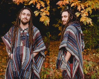 Poncho de algodón grueso con capucha larga y bolsillo, cálido Festival Hippie, Poncho con capucha puntiaguda, Poncho de estilo mexicano, Poncho de invierno para hombre, Unisex