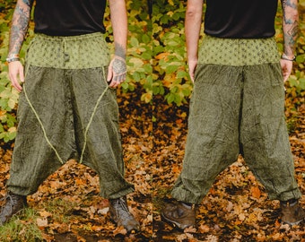 Pantalon Harem Hippie psychédélique Alibaba Festival Vibes Pantalon Fleur Verte de Vie Nature Spirituelle Géométrie Sacrée Pantalon Trippy Vert