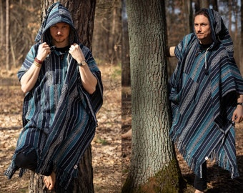 Poncho Hippie Bleu Pixie Hood Poncho Long Gheri 100% Coton Poncho Boho Mexicain Hippie Yoga Ethnique Festival Poncho