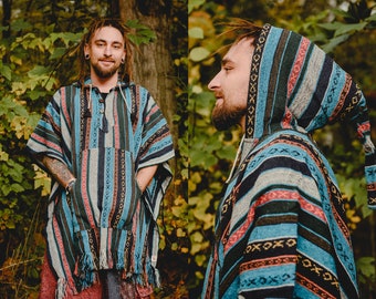 Hippie Festival Poncho à capuche pointue Poncho en coton épais à capuche longue avec poche Poncho de style mexicain Poncho d'hiver chaud pour hommes unisexe