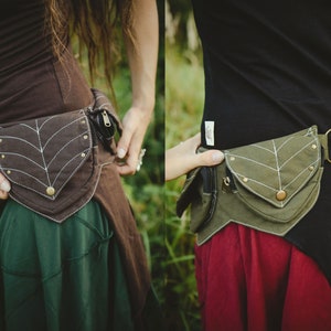 Elven Leaf Motif Pocket Belt Cotton Canvas Fanny Pack Forest Bum Bag Hippie Utility Bag Psychedelic Festival Belt With Pockets