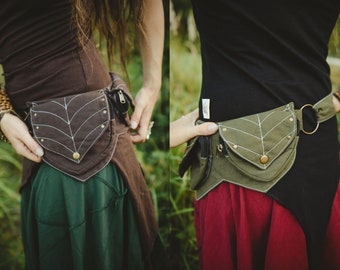 Elven Leaf Motif Pocket Belt Cotton Canvas Fanny Pack Forest Bum Bag Hippie Utility Bag Psychedelic Festival Belt With Pockets