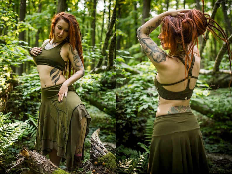 Psychedelic Yoga Top Festival Meditation Elf Unique Yoga Top with Flower of Life Green Black Brown Geometric Fairy Top Cotton Tribal Print
