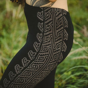 Dark Pixie Yoga Leggings Ethno Tribal Boho Chic Traditional Handmade Indian Blockprint Pattern Leggings Psychedelic Hippie Festival Leggings