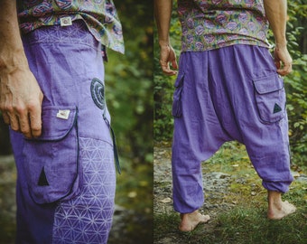 Psychedelic Harem Pants with Flower of Life Pattern Hippie Purple Thick Cotton Harem Pants Hippie Festival Sacred Geometry Alibaba Pants