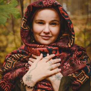 Géométrie ethnique écharpe Extra-longue Boho élégance motifs artistiques vêtements de confort forêt Psytrance Festival hiver Hippie unisexe image 5